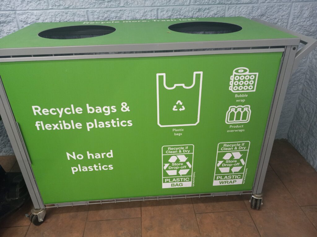 A plastic and bubble wrap recycling bin at Walmart 